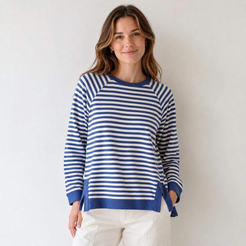 J. JILL Blue and Cream Striped Cotton Blend Sweatshirt-Women’s Size Small